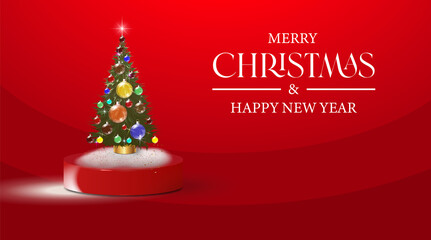 Wall Mural - A Christmas magic tree on a pedestal decorated with sequins and glass balls, an empty template. Festive New Year's Christmas realistic 3D design with congratulations in red background