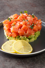 Canvas Print - Tartar with salmon, microgreen and avocado served on a plate with lemon