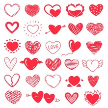 Cute Red Doodle Hearts, Hand Drawn Heart Scribbles. Valentine Day Hearts With Wings Or Arrow, Love Symbol Grunge Sketches Vector Set. Creative Romantic Symbols Of Different Shapes Isolated On White