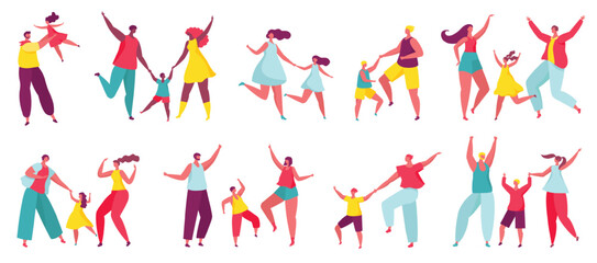 Happy family dancing together, parents dance with kids. Mother and daughter dancers, children enjoying music with mom and dad vector set. Man and woman having entertainment and happiness