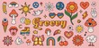 Retro 70s hippie stickers, psychedelic groovy elements. Cartoon funky mushrooms, flowers, rainbow, vintage hippy style element vector set. Decorative disco ball, flying dove and cherries