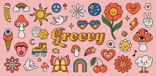 Retro 70s Hippie Stickers, Psychedelic Groovy Elements. Cartoon Funky Mushrooms, Flowers, Rainbow, Vintage Hippy Style Element Vector Set. Decorative Disco Ball, Flying Dove And Cherries
