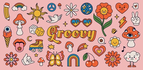 Wall Mural - Retro 70s hippie stickers, psychedelic groovy elements. Cartoon funky mushrooms, flowers, rainbow, vintage hippy style element vector set. Decorative disco ball, flying dove and cherries