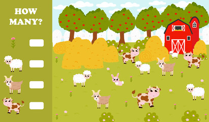 Wall Mural - Counting game for kids with farm animals - sheeps and cows, goats and flowers, barn and haystacks in cartoon style