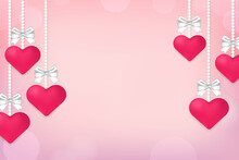 Romantic Background With Pink Hanging Hearts, Beads And White Bows