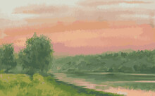 Watercolor Vector Drawing Of Landscape With Sunset Over Riverside On Summer Day