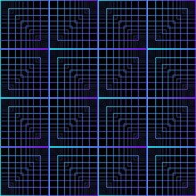 Abstract Blue And Purple Stacked Square Frame Spirograph Shapes Seamless Technology Pattern On The Black Background. Vector Illustration. Wrapping Paper.