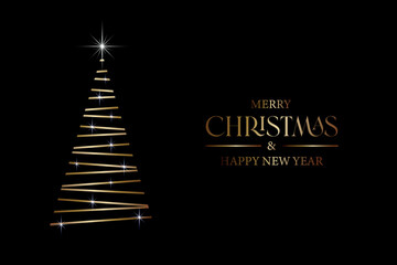 Wall Mural - Golden Christmas tree with a star, a festive Christmas decoration. A shiny silhouette, a sign, a symbol for a festive design. A set of vector illustrations