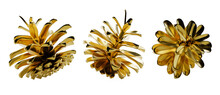 Golden Pine Cones Isolated On The White Background. High Quality 3d Illustration. Christmas Decoration, Design Element.