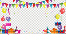 Happy Birthday Vector Transparent Background. Colorful Happy Birthday Border Frame With Confetti

