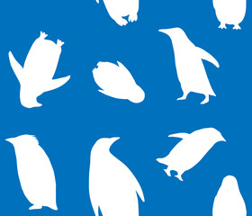 Sticker - Vector seamless pattern of hand drawn penguins silhouette isolated on blue background