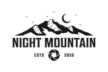 Shutter Lens Aperture As Crescent Moon At Night With Mountain For Adventure Outdoor Nature Photography Concept. Photographer Logo Design
