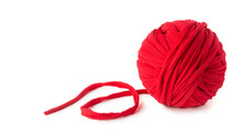 Red Cotton Yarn Ball, Knitting And Crochet Material, Isolated On White Background