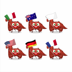 Wall Mural - Red dinosaur gummy candy cartoon character bring the flags of various countries