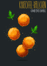 Kartoffelbällchen - German Potato Dumplings. Potato Croquettes - Mashed Potatoes Balls Breaded And Deep Fried. Vector Illustration