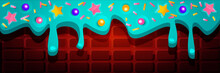 Donut Glaze. Dripping Ice Cream Wrapping Around Chocolate Waffle Texture Background. Sweet Pastry Cream In Cartoon Style. Colorful Decorative Dessert. Festive Vector Illustration In EPS 10 Format.