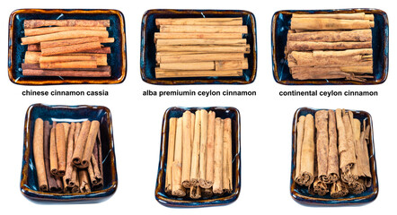 Wall Mural - set of various cinnamon in bowls with names