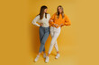 Two pretty women , best friends in stylish autumn  casual clothes having fun  over yellow background in studio. Full lenght.