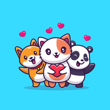 Cute Cat, Panda And Dog With Love Cartoon Vector Icon Illustration. Animal Love Icon Concept Isolated Premium Vector. Flat Cartoon Style