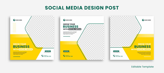 Wall Mural - Set of Editable Template Social Media Instagram Design Post whit Hexagon Shape and Yellow Green Color Theme. Suitable Post, Sale Banner, Ads, Promotions, Product, Business, School, Company, Travel