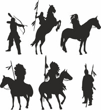 Vector Set Of SilhVector Set Of Silhouettes Of Native Americans. The Shadows Of The Indians Of The Various Tribes Of America. Incas, Maya, Aztecs, Marlborough. People On Hoouettes Of Native Americans.