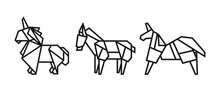 Origami Style Illustration Of Horses. Abstract Geometric Outline Drawing For Icon, Logo, Element, Etc. Uncolored Vector Element Design.