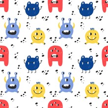 Cute Monsters Seamless Pattern. Funny Colorful Creatures, Little Mutants Or Aliens, Spooky Fantasy Characters, Childish Collection. Decor Textile, Wrapping Paper Wallpaper, Vector Print Or Fabric