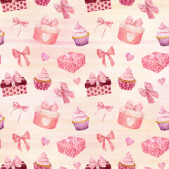 Wall Mural - Watercolor seamless pattern with gift boxes, cupcake, bows and hearts on pink striped background. Valentine's Day concept.