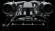 Turbo diesel engine on a dark background. The twin-turbine engine assemblies emerge from the darkness. 3d render