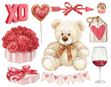Watercolor Valentines Day Set, Romantic Elements.Plush Teddy Bear, Red Rose Bouquet, Xoxo,vine Glass,heart Tags,red Heart. Elegant Style. Hand-drawn Illustration. Wedding And Bridal Shower Set