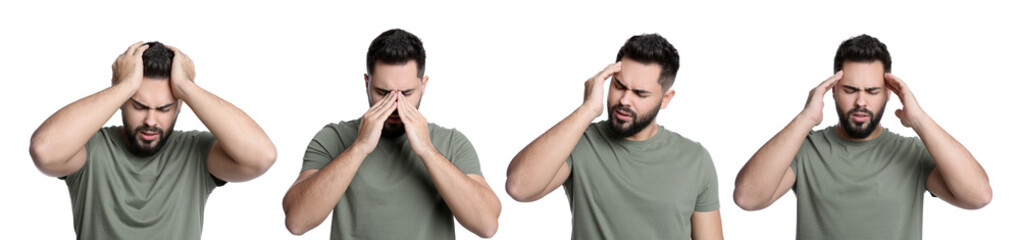 Sticker - Collage with photos of young man suffering from headache on white background. Banner design