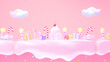 3d rendered cartoon candy land with melting cream and colorful sprinkles.
