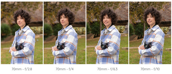 Composition of four portrait photos taken with different diaphragm apertures