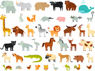 Big set of cartoon animals. A Giraffe, a lion, an elephant, a zebra, a hippo, a lemur, a buffalo, a cheetah, an antelope, a hyena, a whale. etc