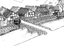 Vector Illustration Of Old Bridge And Old Wooden Houses.