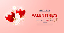 Happy Valentine's Day Sale Poster With Realistic 3d Angel Cupid, Red Hearts And Flying Golden Confetti.Festive Background For February 14 .Vector Design For Postcards, Advertising Material, Websites.