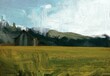Oil painting landscape art. Rural mountain region. Colorful green field and grass. Summer time. Countryside.