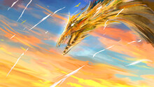 A Bright Solar Dragon In The Sky Against A Background Of Delicate Orange Clouds. White Sparks Fall From The Sky. His Skin Glows And Sparks Fly. His Mouth Is Open And His Fangs Are Visible. 2d Art