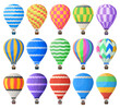 Hot air balloons, colorful flying vintage airships. Air journey sky transport, hot airy sphere flying vehicle vector illustration set. Retro hot air balloon
