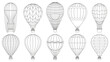 Hot air balloons, colouring page flying linear air balloons. Retro air balloon, flight tourism sky transport vector symbols set. Flying hot air balloon icons