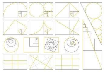 Golden ratio, divine proportions, golden fibonacci numbers spiral. Golden proportion fibonacci array vector illustration set. Sacred geometry proportion signs