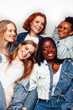 © iordani - diverse multi nation girls group, teenage friends company cheerful having fun, happy smiling, cute posing isolated on white background, lifestyle people concept, african-american and caucasian