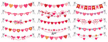 Romantic Valentines Day Heart Shaped Bunting Garlands. Cute Hanging Bunting Hearts, Romantic Greeting Heart Flags Vector Illustration Set. Valentines Day Decorations
