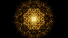 Abstract Neon Round Kaleidoscopic Pattern Of Golden Color Isolated On Black Background, Seamless Loop. Animation. Magical Glowing Circle With Moving Shapes Inside.