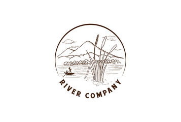 Wall Mural - Vintage Retro Circular River Creek Lake Swamp with Grass Reed Cattail and Fisherman Badge Emblem Label Logo Design Vector