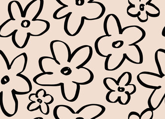simple nature floral vector background. seamless pattern with hand drawn daisy flowers. line art. co