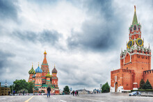 The Cathedral Of Vasily The Blessed And The Spasskaya Tower Of The Moscow Kremlin, Red Square In Moscow, Russia