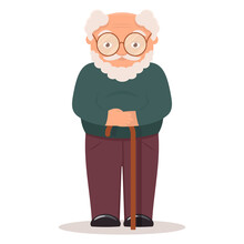 Cute Happy Grandfather With A Cane. Old Man With Glasses On White Background.