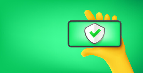 Aufkleber - Man Hand holding modern smartphone with shield icon. Vector banner with copy space