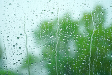 Glass Window With Rain Drop In Spring
